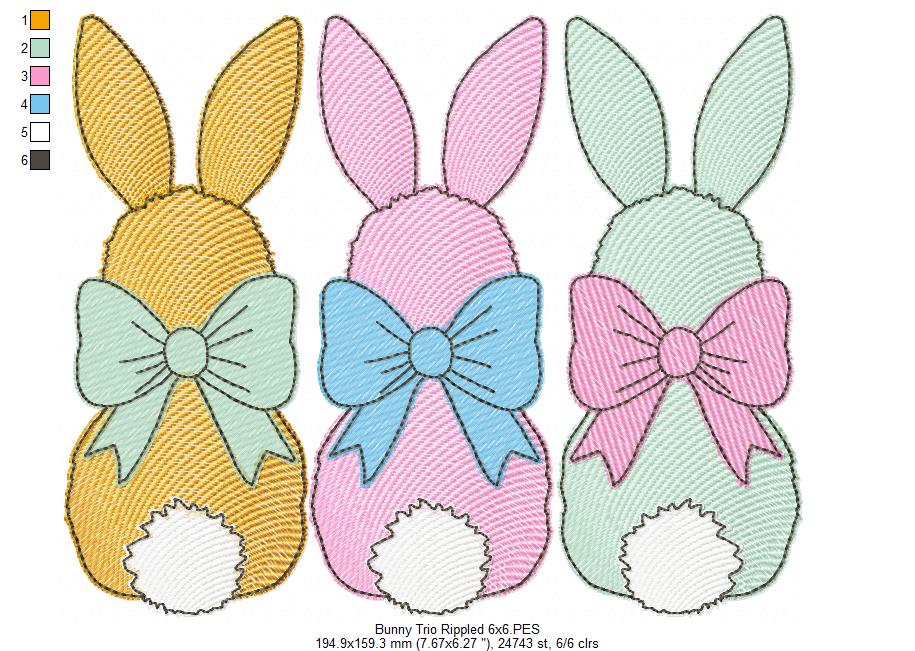 Easter Bunnies Back Trio - Rippled Stitch - Machine Embroidery Design