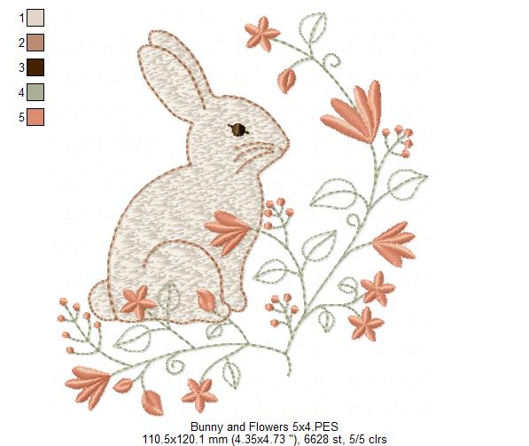 Floral Vintage Bunny - Fill Stitch - Machine Embroidery Design