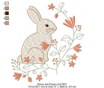 Floral Vintage Bunny - Fill Stitch - Machine Embroidery Design
