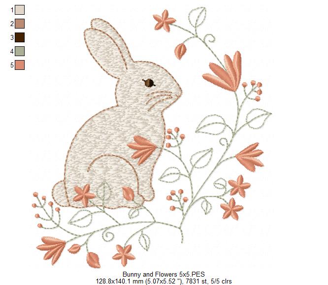 Floral Vintage Bunny - Fill Stitch - Machine Embroidery Design