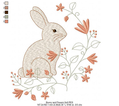 Floral Vintage Bunny - Fill Stitch - Machine Embroidery Design
