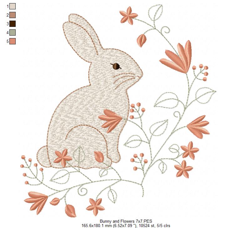 Floral Vintage Bunny - Fill Stitch - Machine Embroidery Design