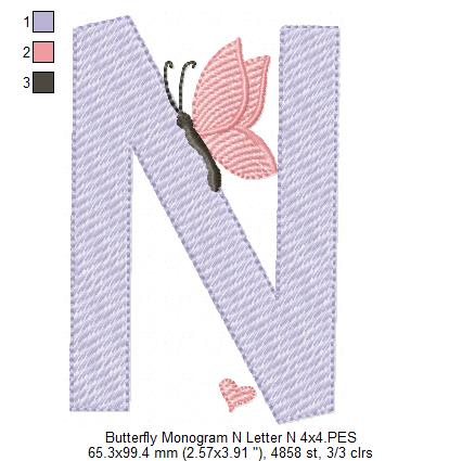 Monogram N Letter N Butterfly - Rippled Stitch