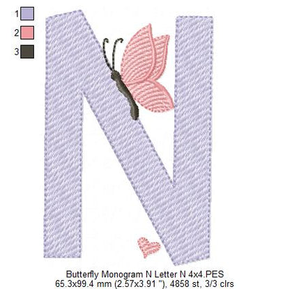 Monogram N Letter N Butterfly - Rippled Stitch