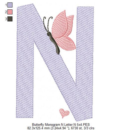 Monogram N Letter N Butterfly - Rippled Stitch