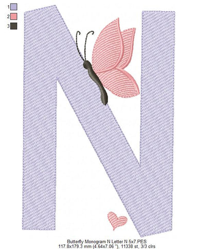 Monogram N Letter N Butterfly - Rippled Stitch