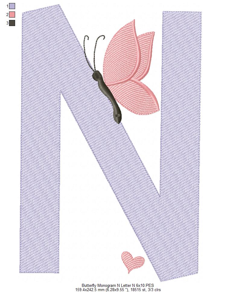 Monogram N Letter N Butterfly - Rippled Stitch