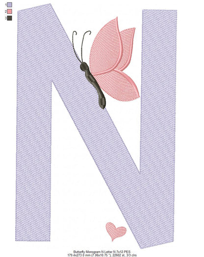 Monogram N Letter N Butterfly - Rippled Stitch