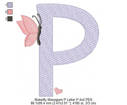 Monogram P Letter P Butterfly - Rippled Stitch