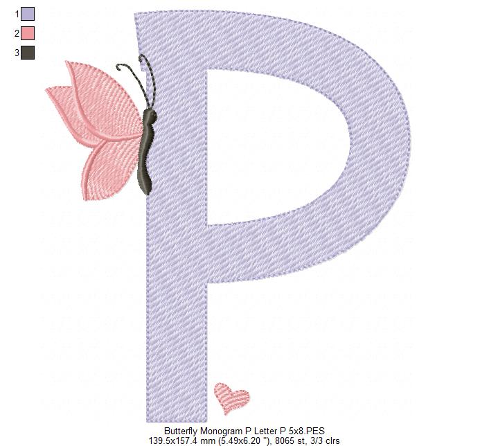 Monogram P Letter P Butterfly - Rippled Stitch