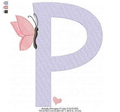 Monogram P Letter P Butterfly - Rippled Stitch