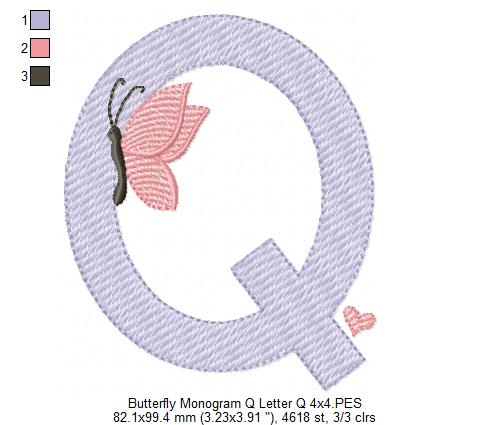 Monogram Q Letter Q Butterfly - Rippled Stitch