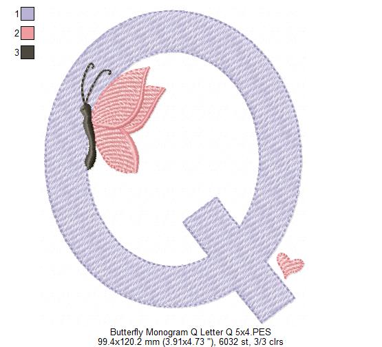 Monogram Q Letter Q Butterfly - Rippled Stitch