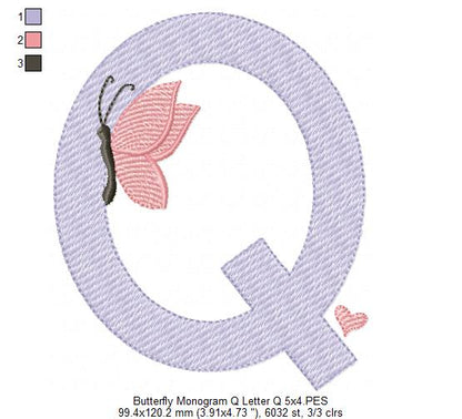Monogram Q Letter Q Butterfly - Rippled Stitch