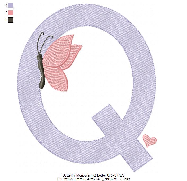 Monogram Q Letter Q Butterfly - Rippled Stitch