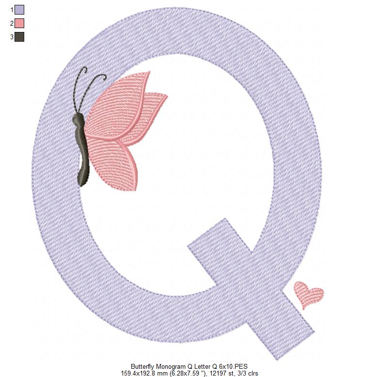 Monogram Q Letter Q Butterfly - Rippled Stitch
