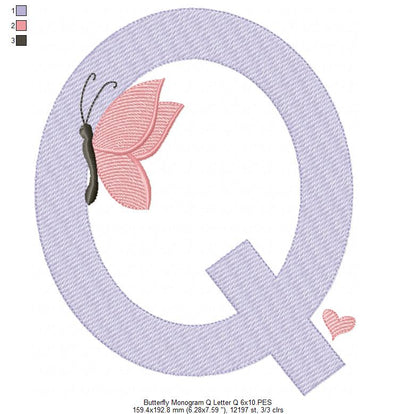 Monogram Q Letter Q Butterfly - Rippled Stitch