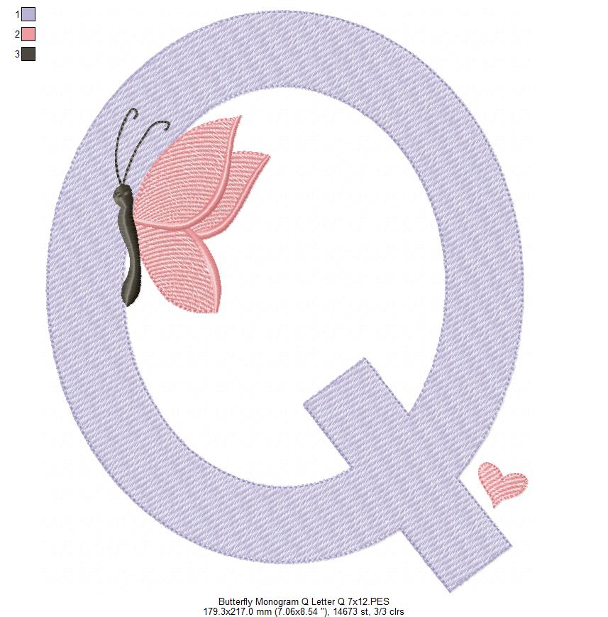 Monogram Q Letter Q Butterfly - Rippled Stitch