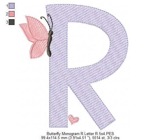 Monogram R Letter R Butterfly - Rippled Stitch