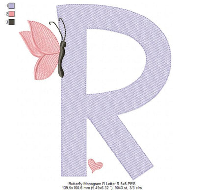 Monogram R Letter R Butterfly - Rippled Stitch