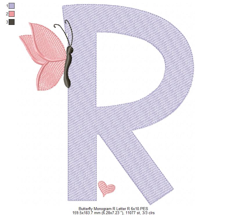 Monogram R Letter R Butterfly - Rippled Stitch