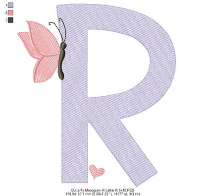 Monogram R Letter R Butterfly - Rippled Stitch