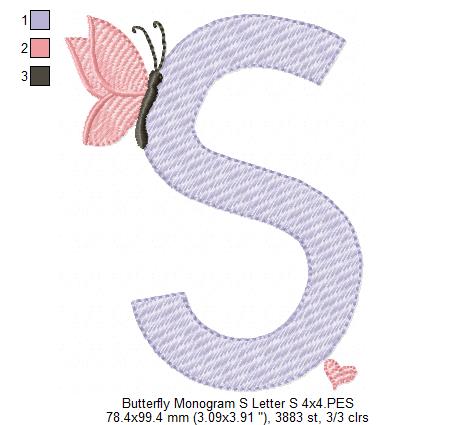 Monogram S Letter S Butterfly - Rippled Stitch