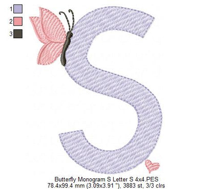 Monogram S Letter S Butterfly - Rippled Stitch