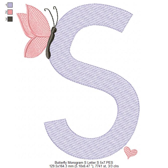 Monogram S Letter S Butterfly - Rippled Stitch