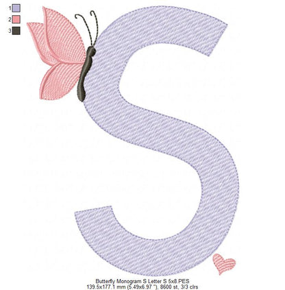 Monogram S Letter S Butterfly - Rippled Stitch