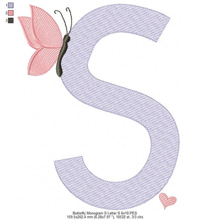 Monogram S Letter S Butterfly - Rippled Stitch