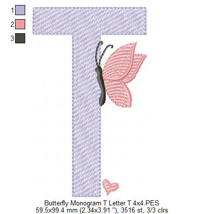 Monogram T Letter T Butterfly - Rippled Stitch