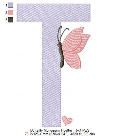 Monogram T Letter T Butterfly - Rippled Stitch