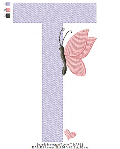 Monogram T Letter T Butterfly - Rippled Stitch