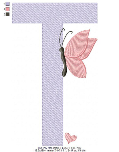 Monogram T Letter T Butterfly - Rippled Stitch