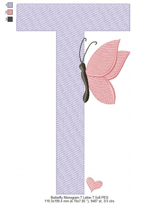 Monogram T Letter T Butterfly - Rippled Stitch