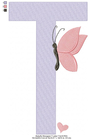 Monogram T Letter T Butterfly - Rippled Stitch