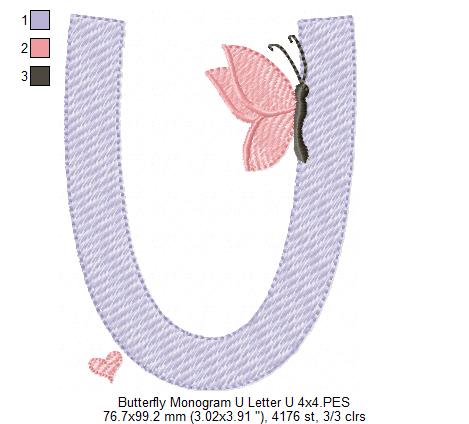 Monogram U Letter U Butterfly - Rippled Stitch