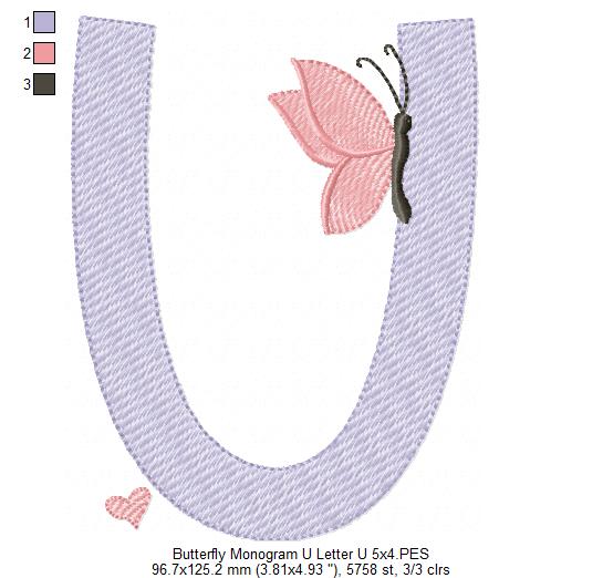 Monogram U Letter U Butterfly - Rippled Stitch