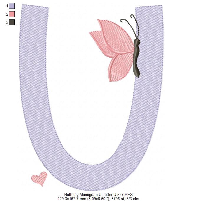 Monogram U Letter U Butterfly - Rippled Stitch