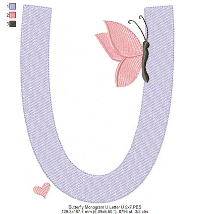 Monogram U Letter U Butterfly - Rippled Stitch