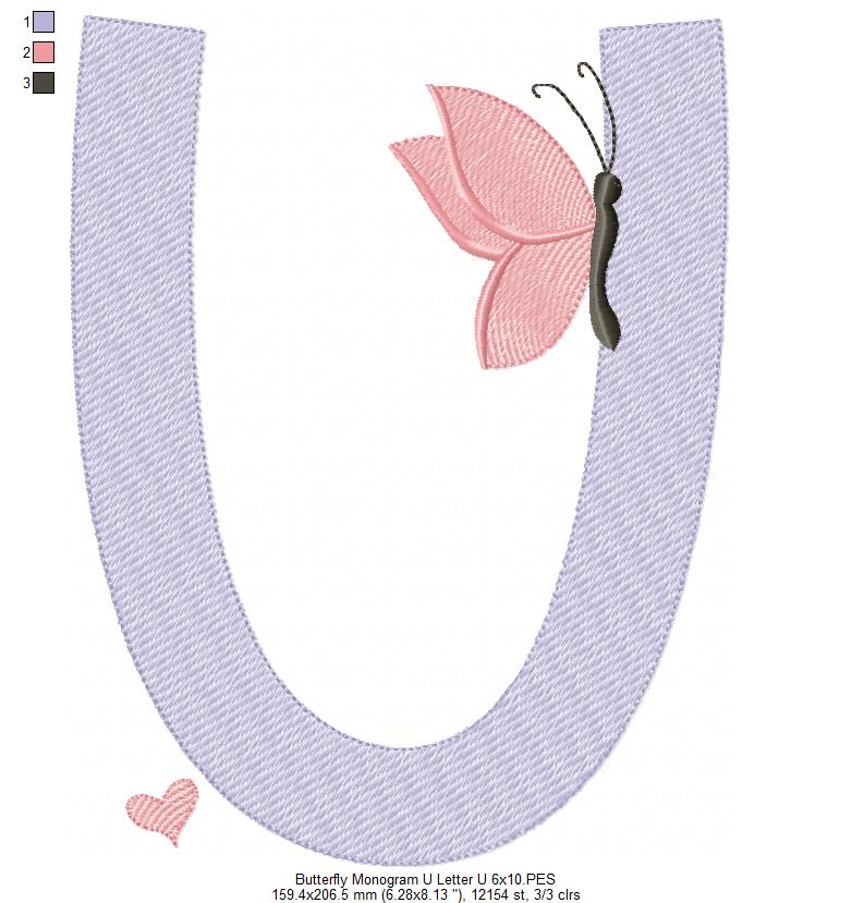 Monogram U Letter U Butterfly - Rippled Stitch