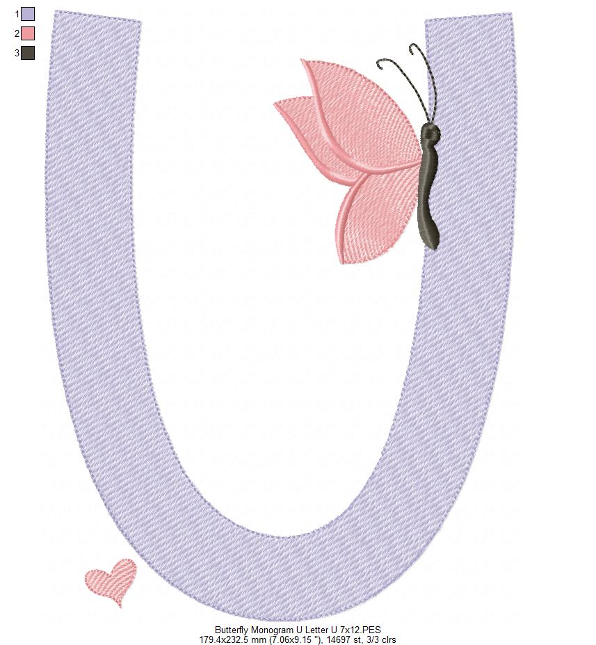 Monogram U Letter U Butterfly - Rippled Stitch