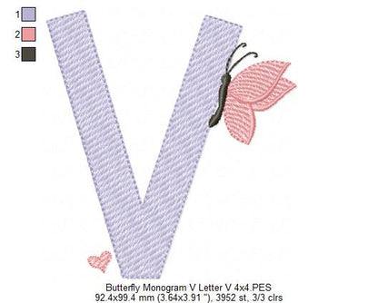 Monogram V Letter V Butterfly - Rippled Stitch