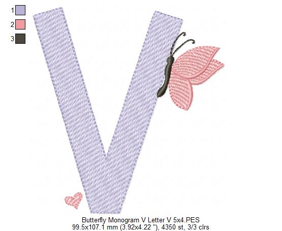 Monogram V Letter V Butterfly - Rippled Stitch