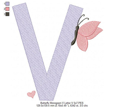 Monogram V Letter V Butterfly - Rippled Stitch