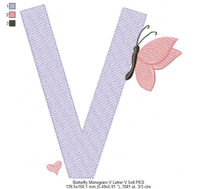 Monogram V Letter V Butterfly - Rippled Stitch