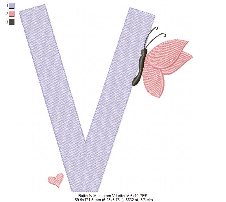 Monogram V Letter V Butterfly - Rippled Stitch