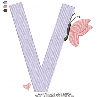 Monogram V Letter V Butterfly - Rippled Stitch