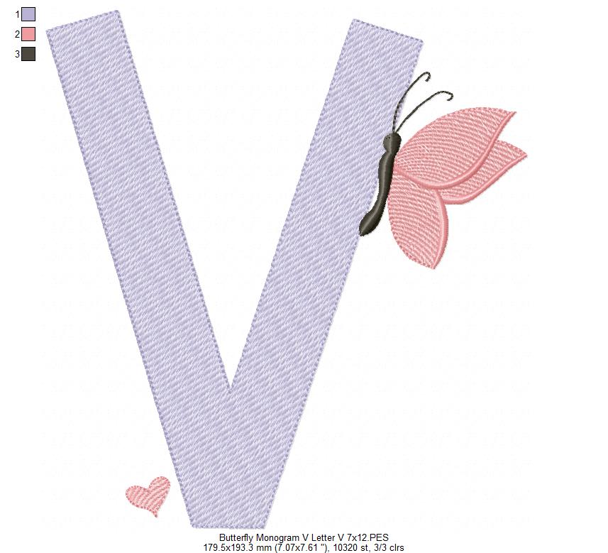 Monogram V Letter V Butterfly - Rippled Stitch